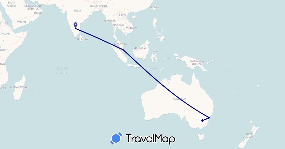 TravelMap itinerary: driving in Australia, India, Singapore (Asia, Oceania)
